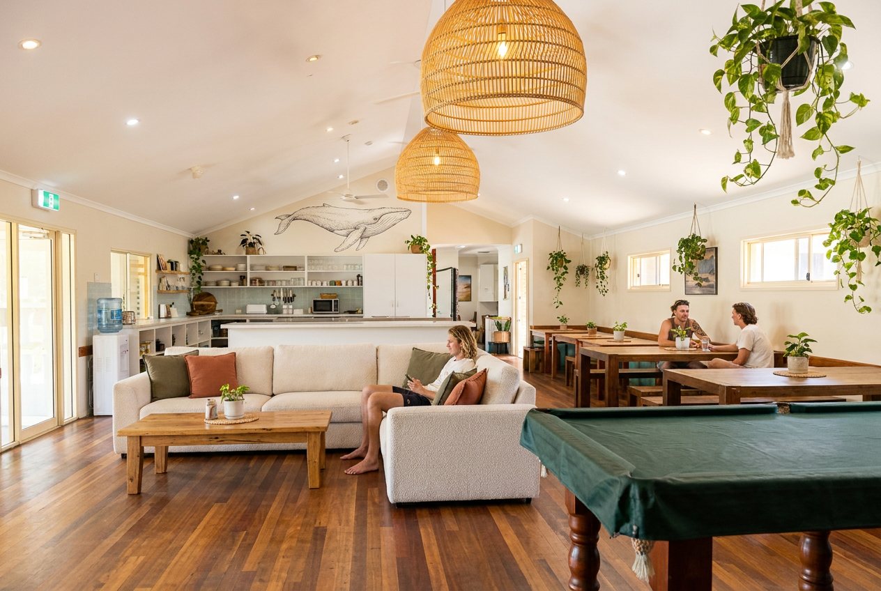 Common room — pool table and whale mural