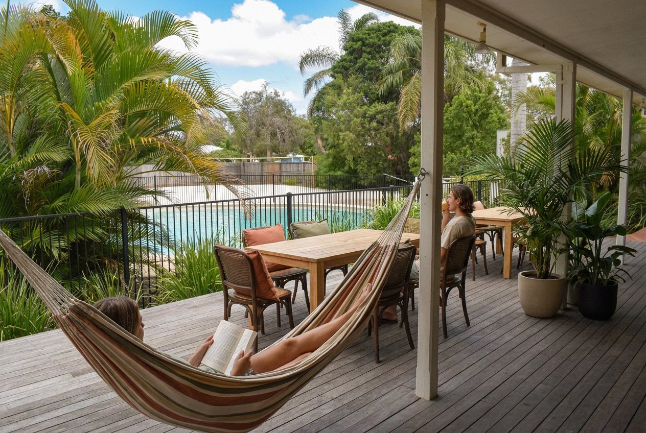 The porch — hammocks over the pool