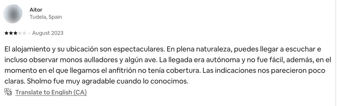 Airbnb review, August 2023, 3 stars: the arrival was self-guided and not easy, and the directions seemed unclear.