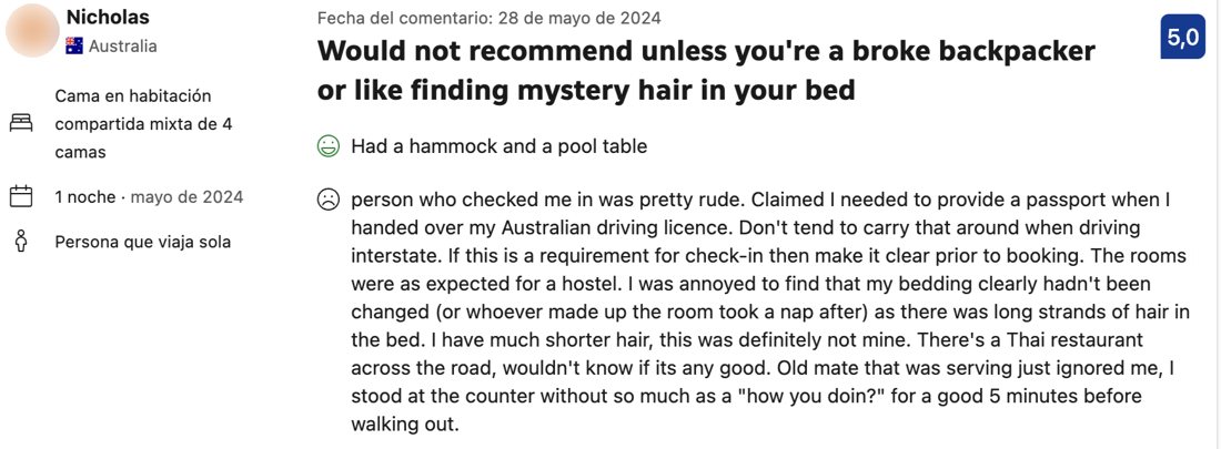 Booking.com review, May 2024: the person who checked me in was pretty rude, the bedding hadn't been changed, and I stood at the counter for five minutes before walking out.