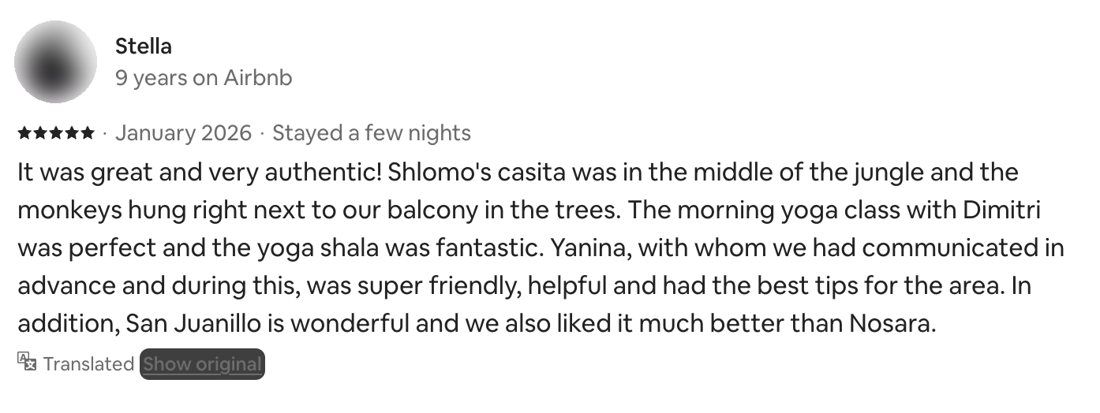 Airbnb review by Stella, January 2026, 5 stars: Yanina, with whom we had communicated in advance and during our stay, was super friendly, helpful and had the best tips for the area.